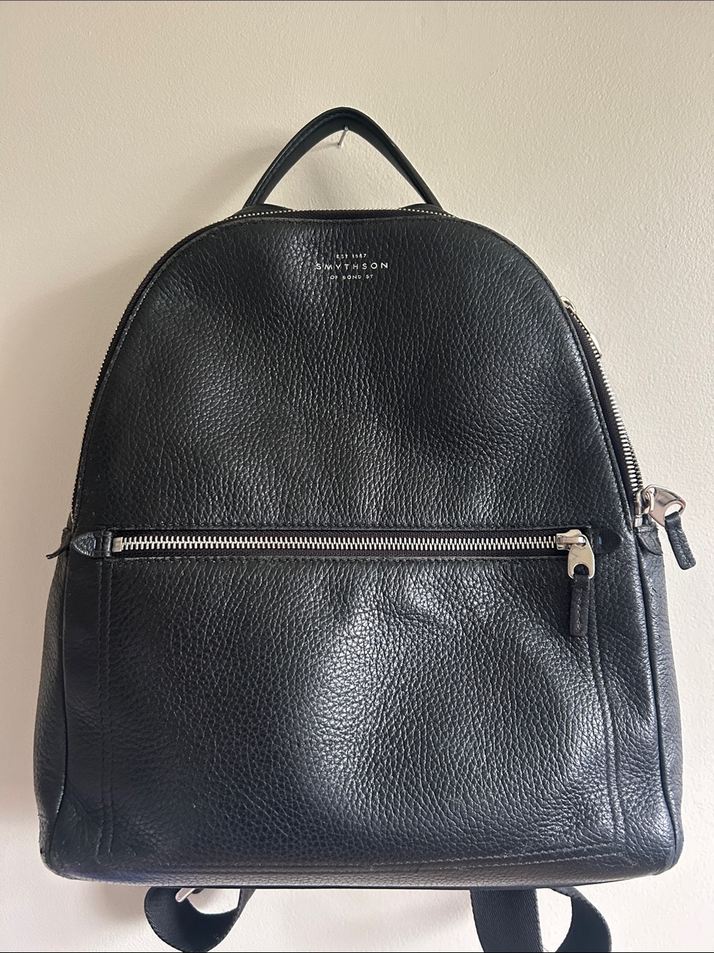 Smythson Black Pebbled Leather Backpack with Front Zip